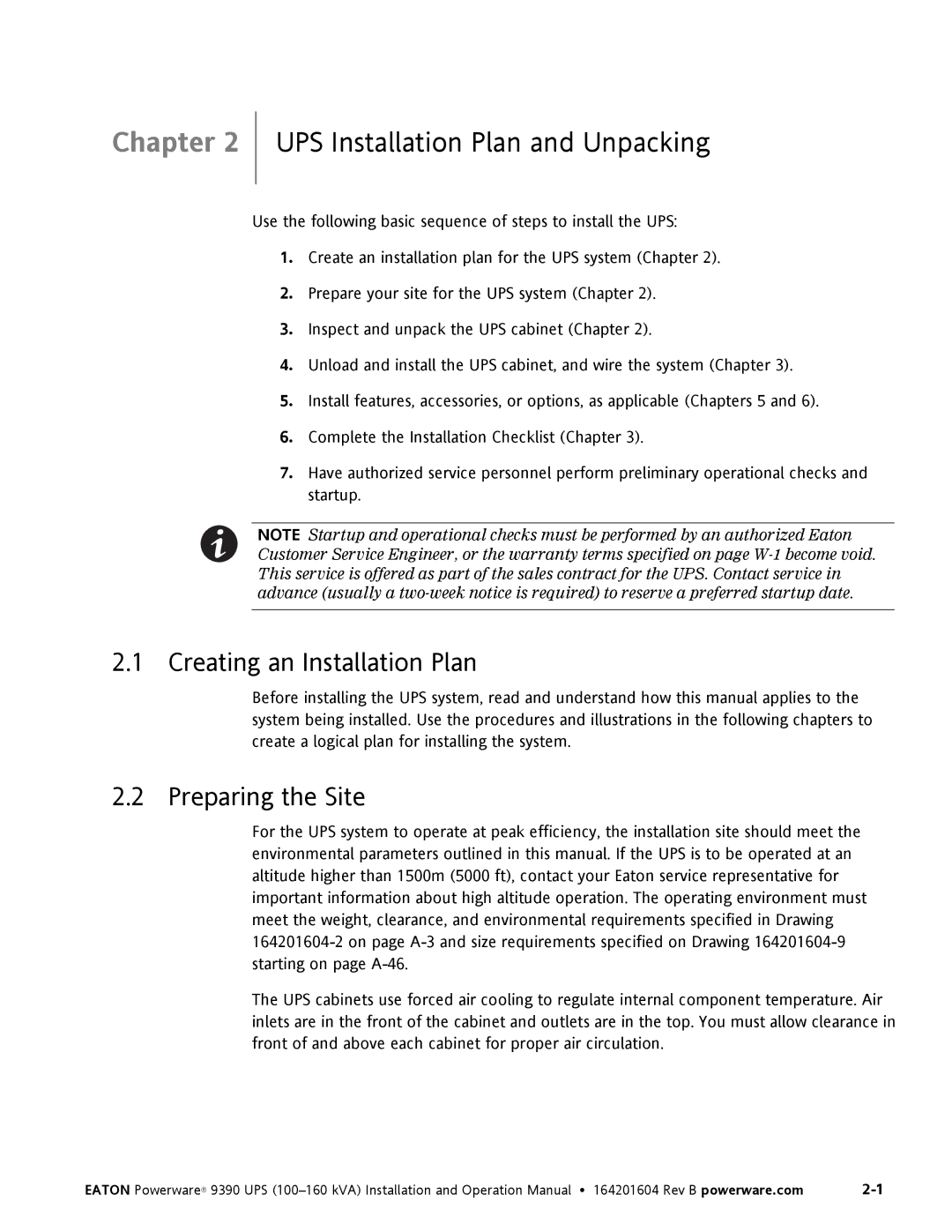 Powerware 100160 kVA manual UPS Installation Plan and Unpacking, Creating an Installation Plan, Preparing the Site 