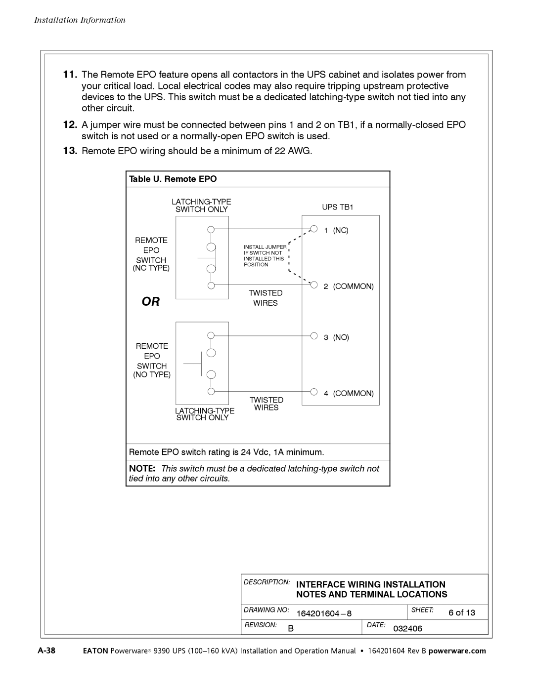 Powerware 100160 kVA manual Table U. Remote EPO 