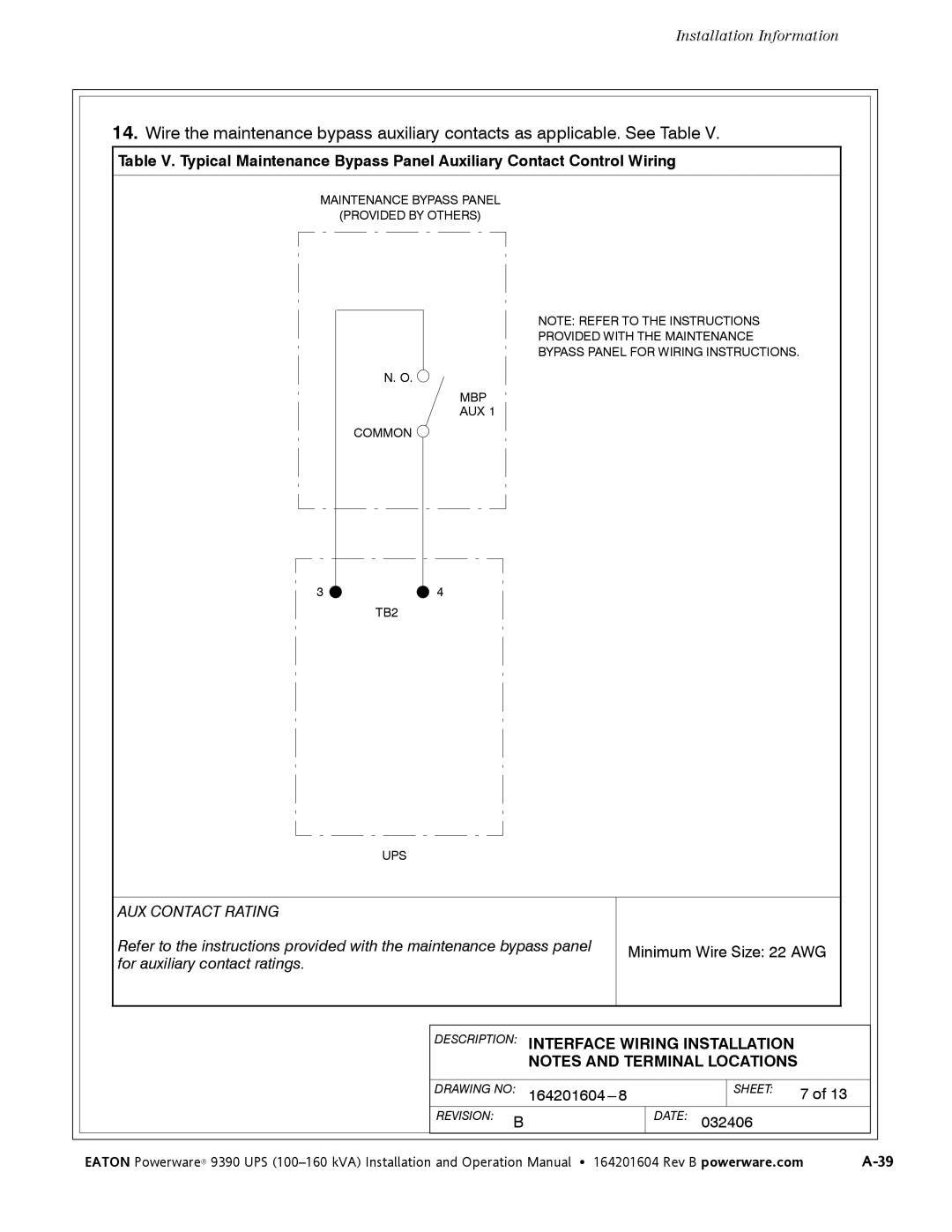 Powerware 100160 kVA manual AUX Contact Rating 