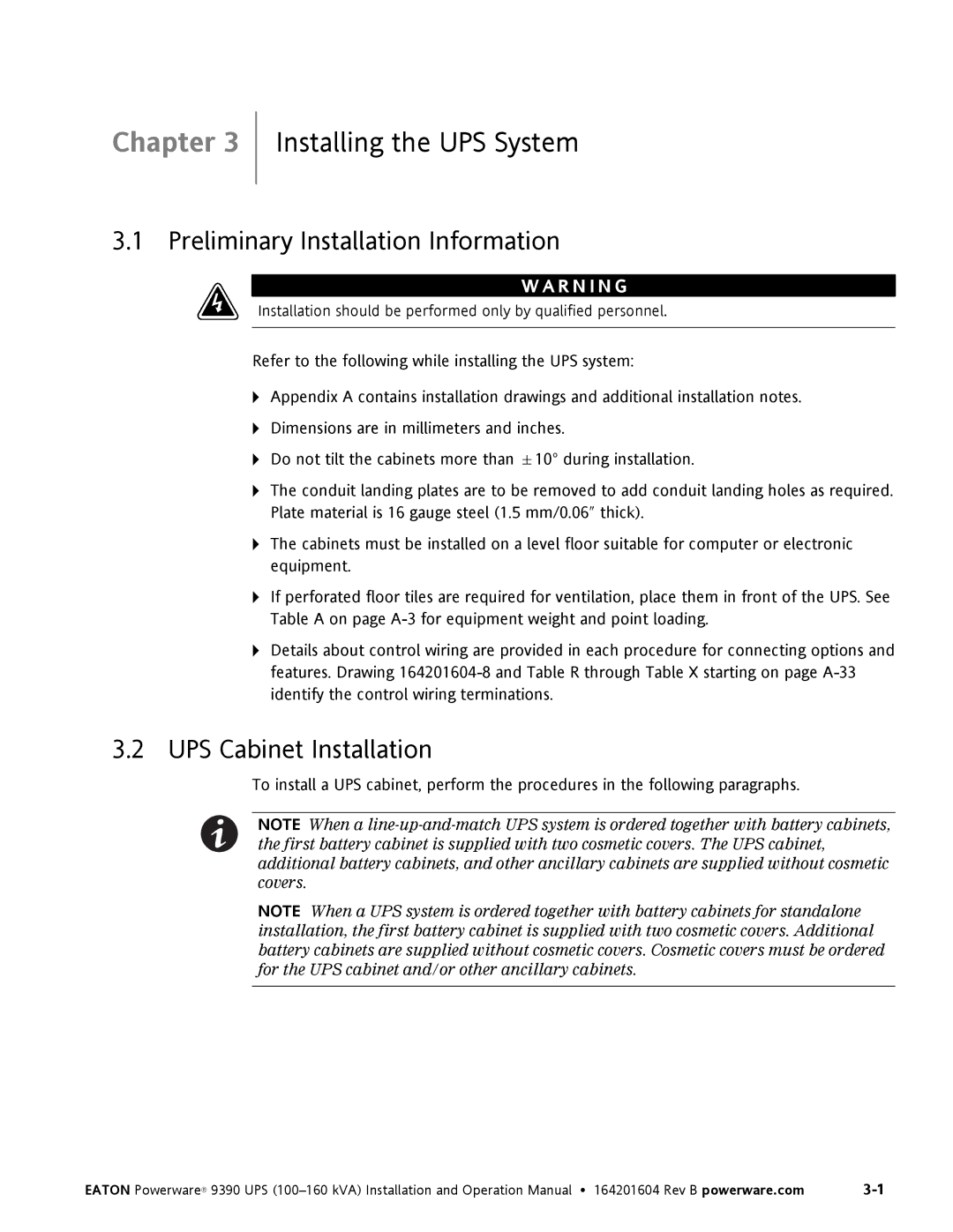 Powerware 100160 kVA manual Installing the UPS System, Preliminary Installation Information, UPS Cabinet Installation 