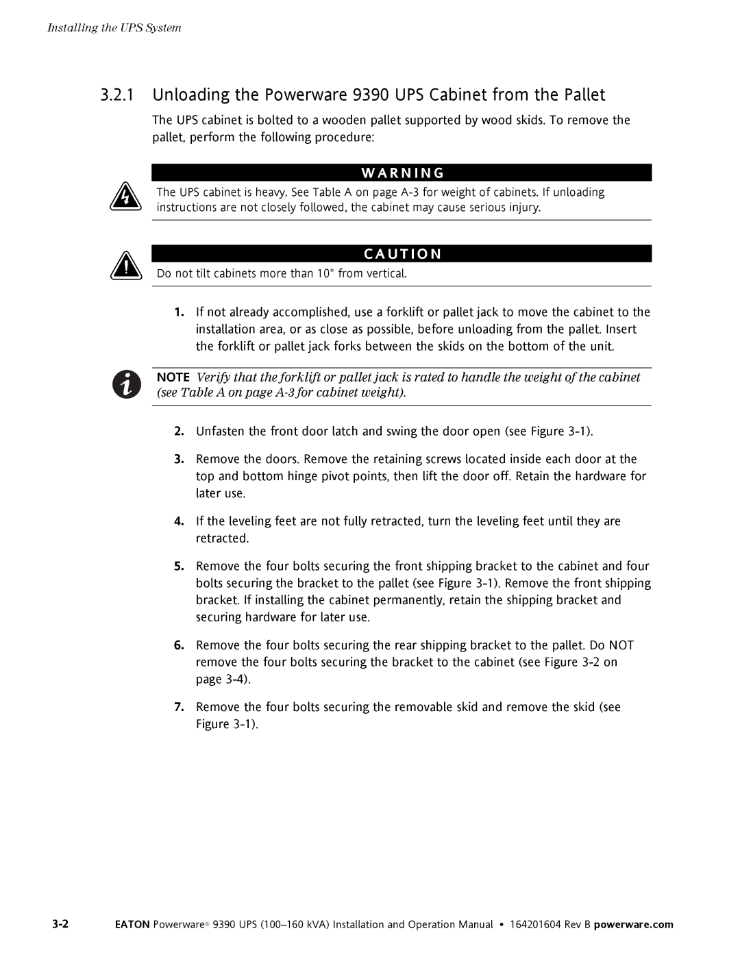 Powerware 100160 kVA manual Unloading the Powerware 9390 UPS Cabinet from the Pallet 