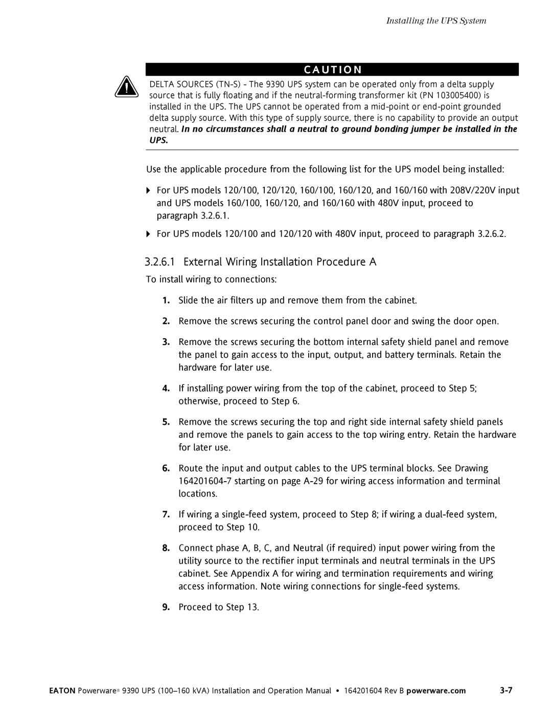 Powerware 100160 kVA manual External Wiring Installation Procedure a 