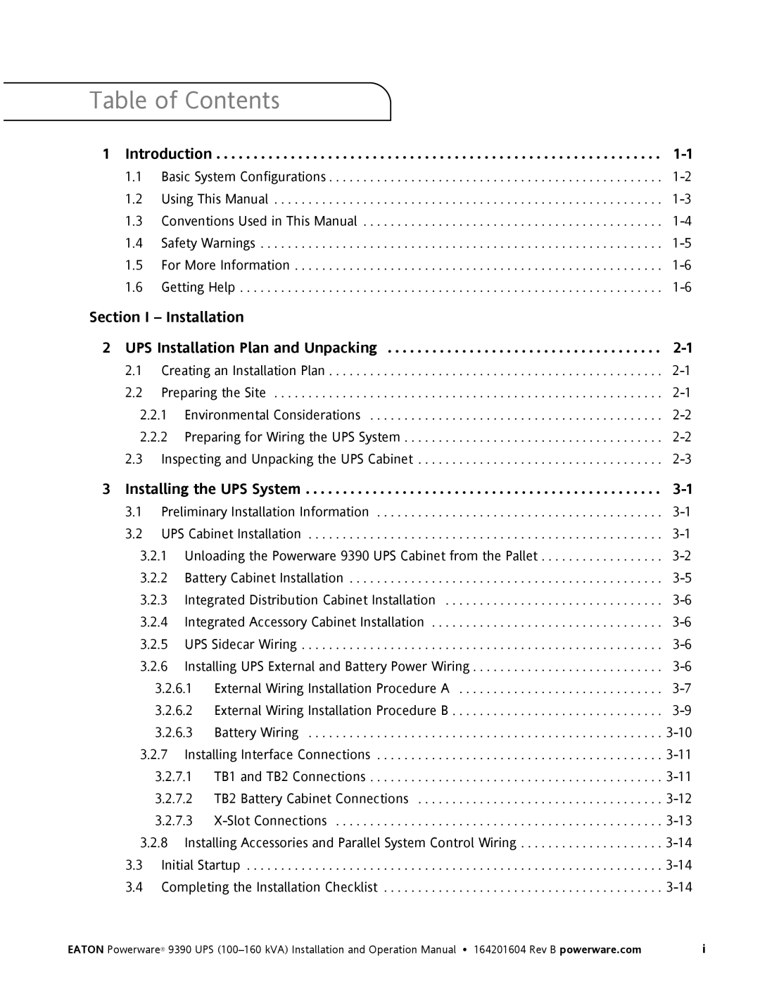 Powerware 100160 kVA manual Table of Contents 