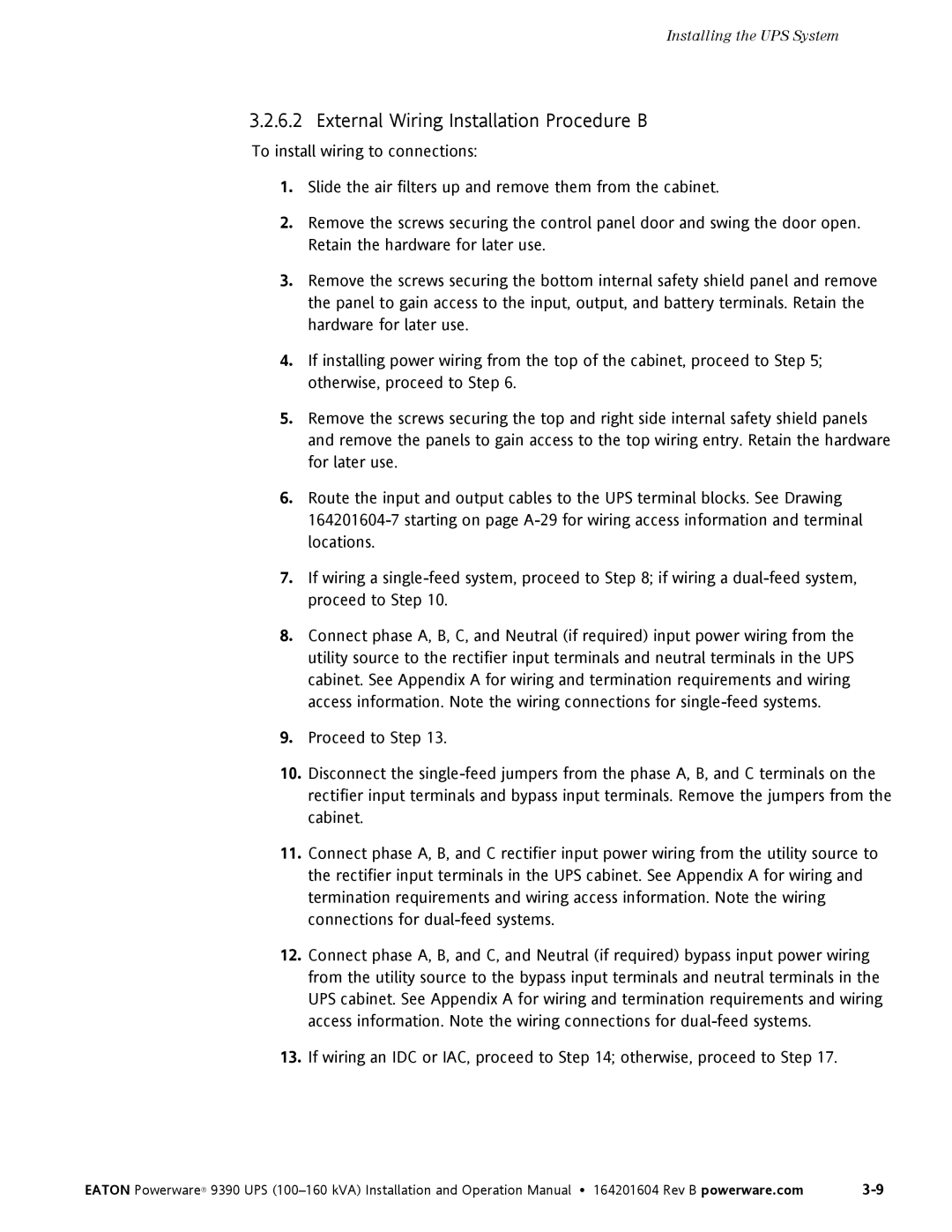 Powerware 100160 kVA manual External Wiring Installation Procedure B 