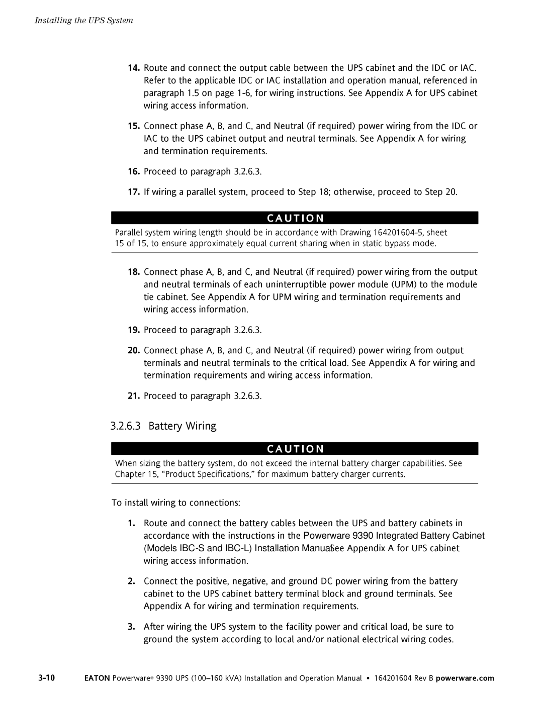 Powerware 100160 kVA manual Battery Wiring 