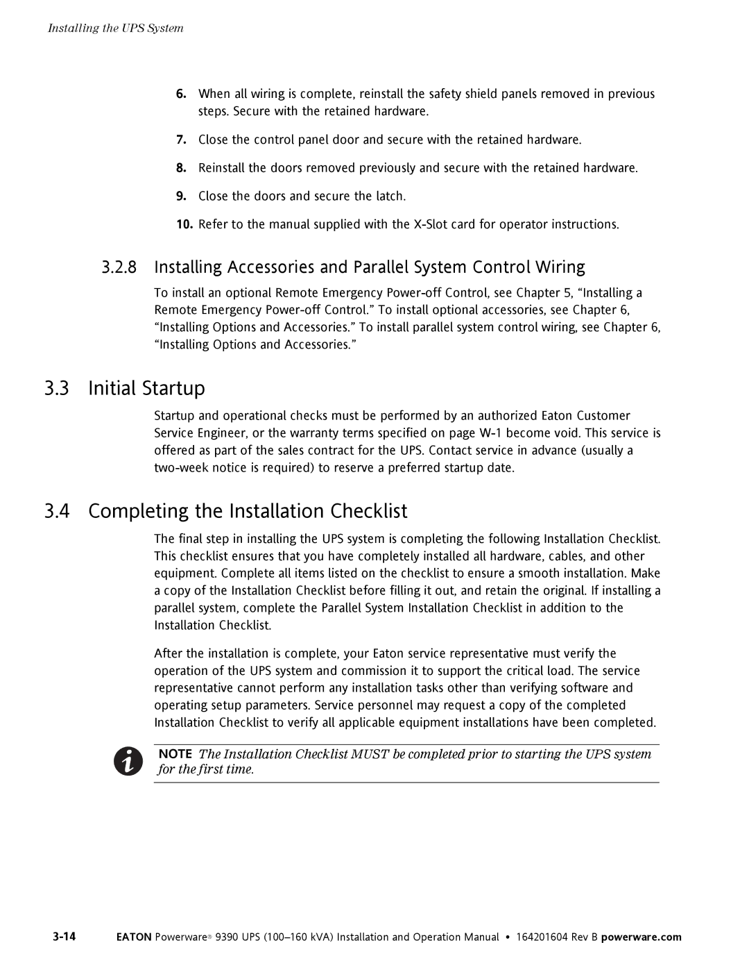 Powerware 100160 kVA manual Initial Startup, Completing the Installation Checklist 