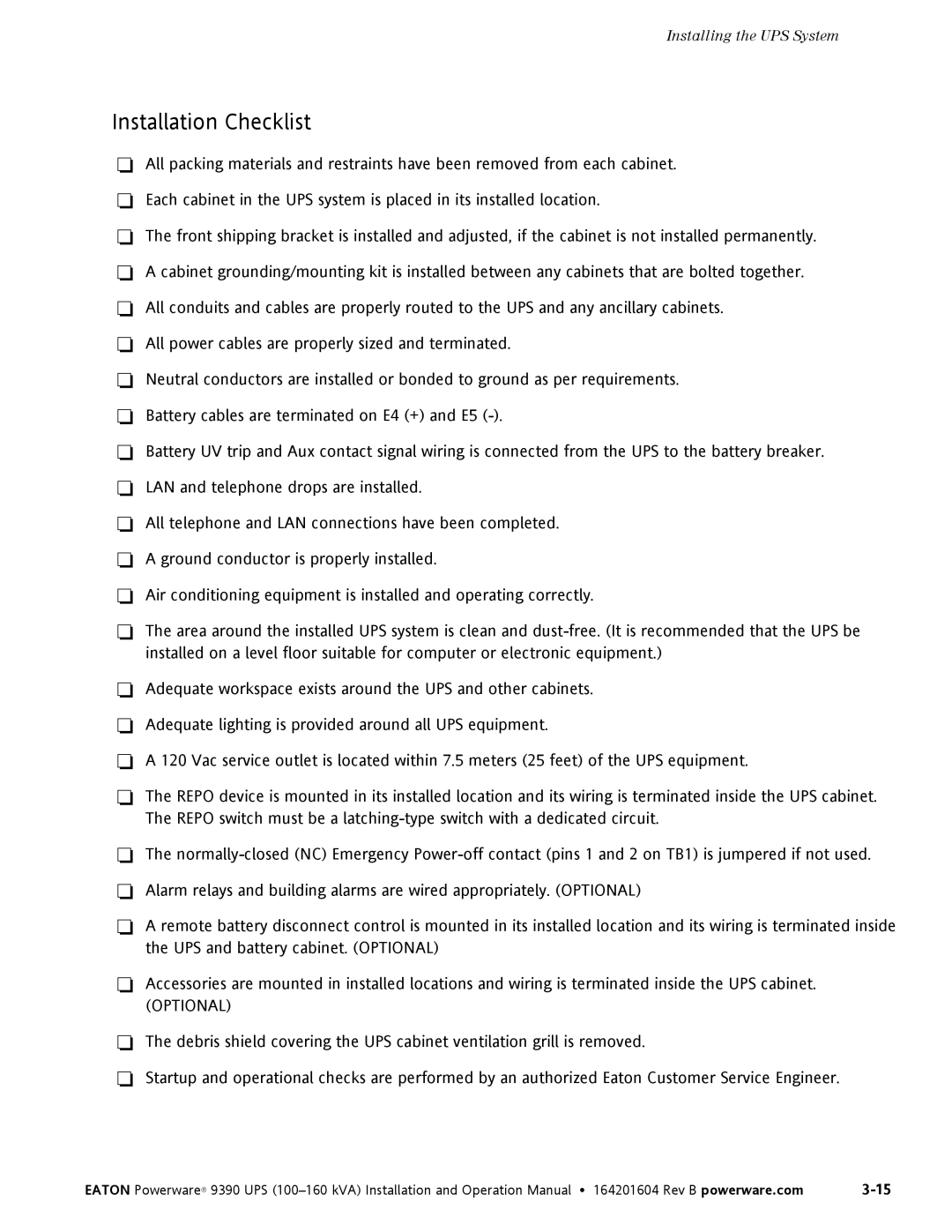 Powerware 100160 kVA manual Installation Checklist 