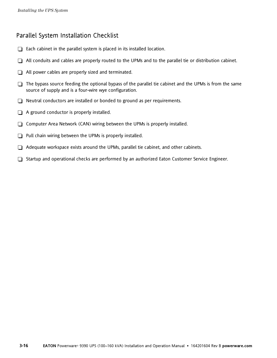 Powerware 100160 kVA manual Parallel System Installation Checklist 