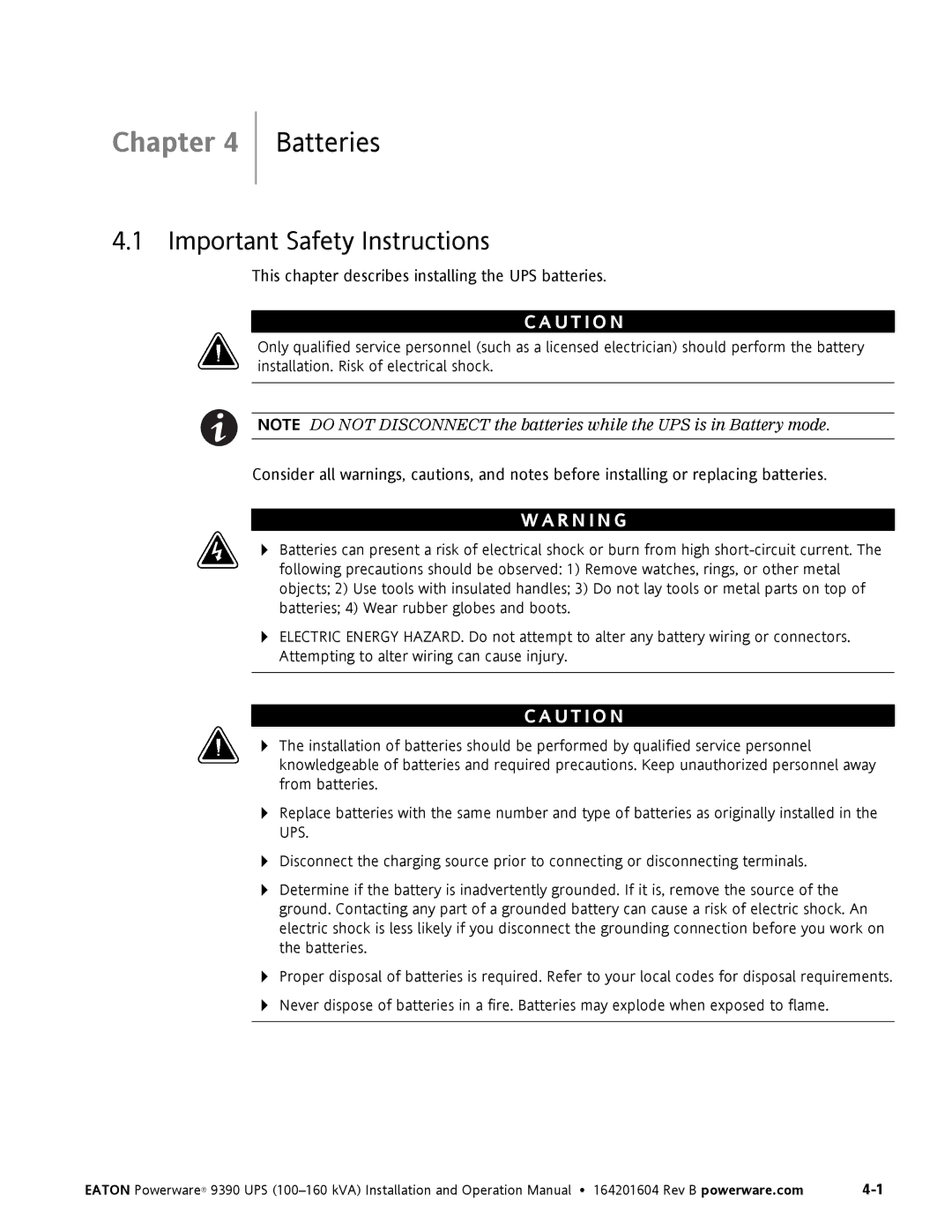 Powerware 100160 kVA manual Batteries, Important Safety Instructions 