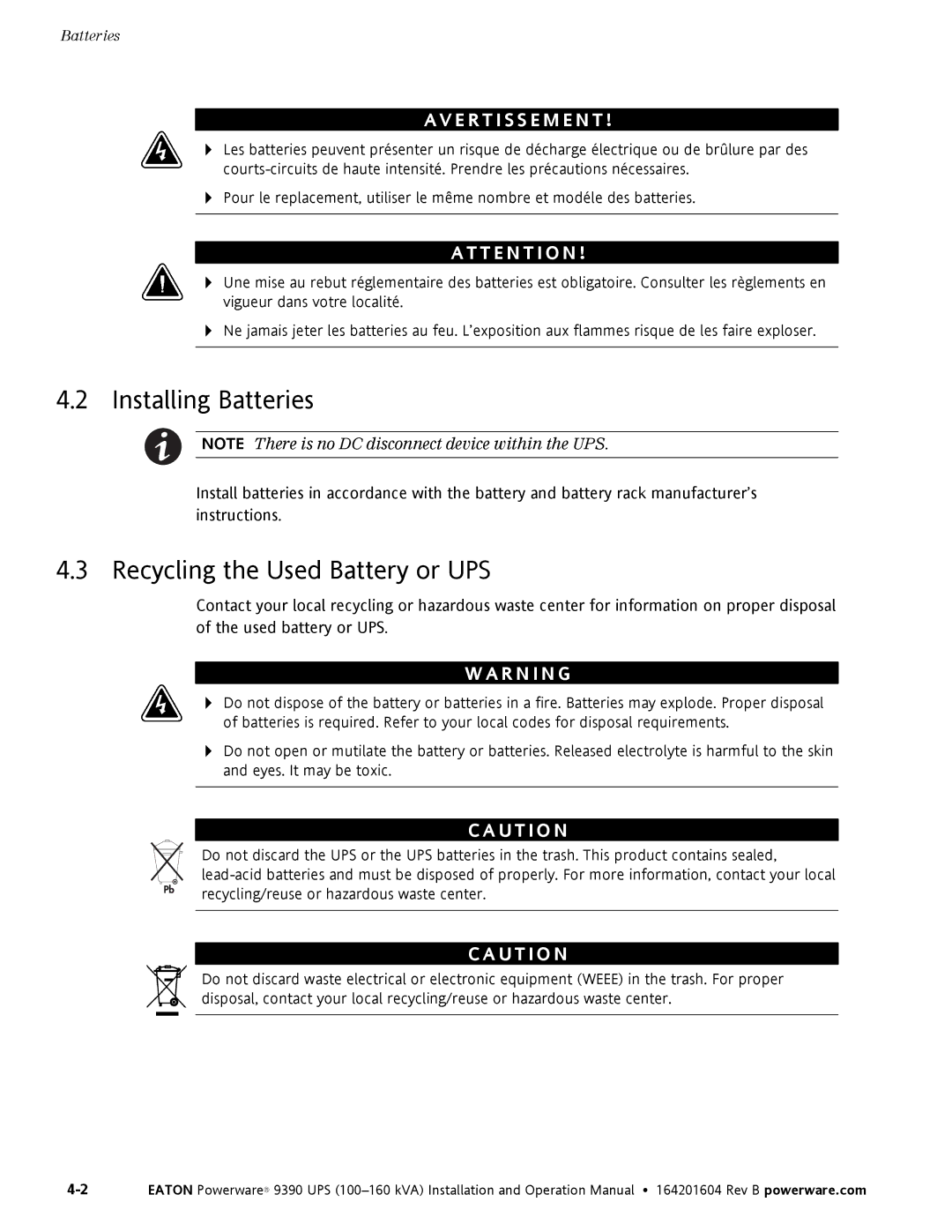 Powerware 100160 kVA manual Installing Batteries, Recycling the Used Battery or UPS 