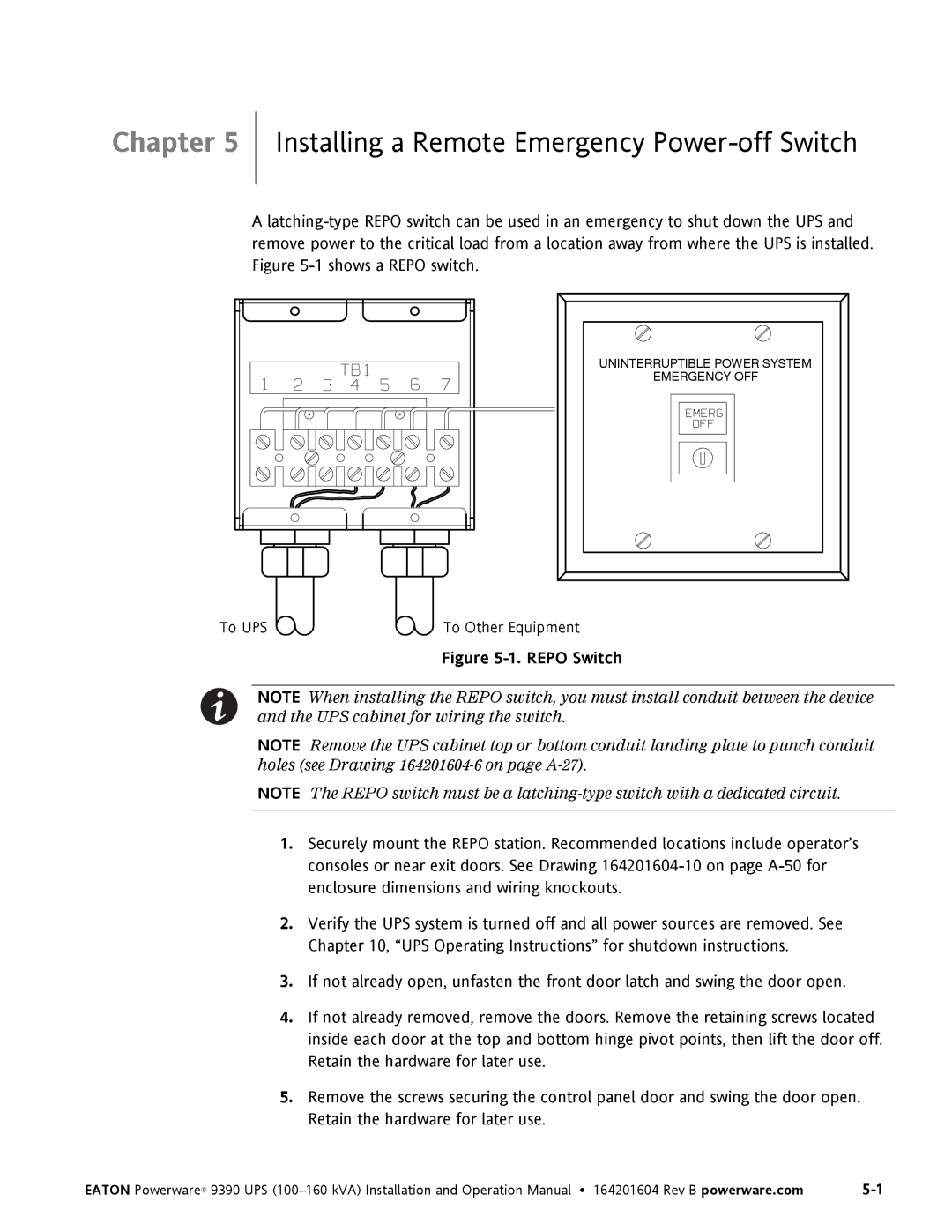 Powerware 100160 kVA manual Installing a Remote Emergency Power-off Switch, Repo Switch 