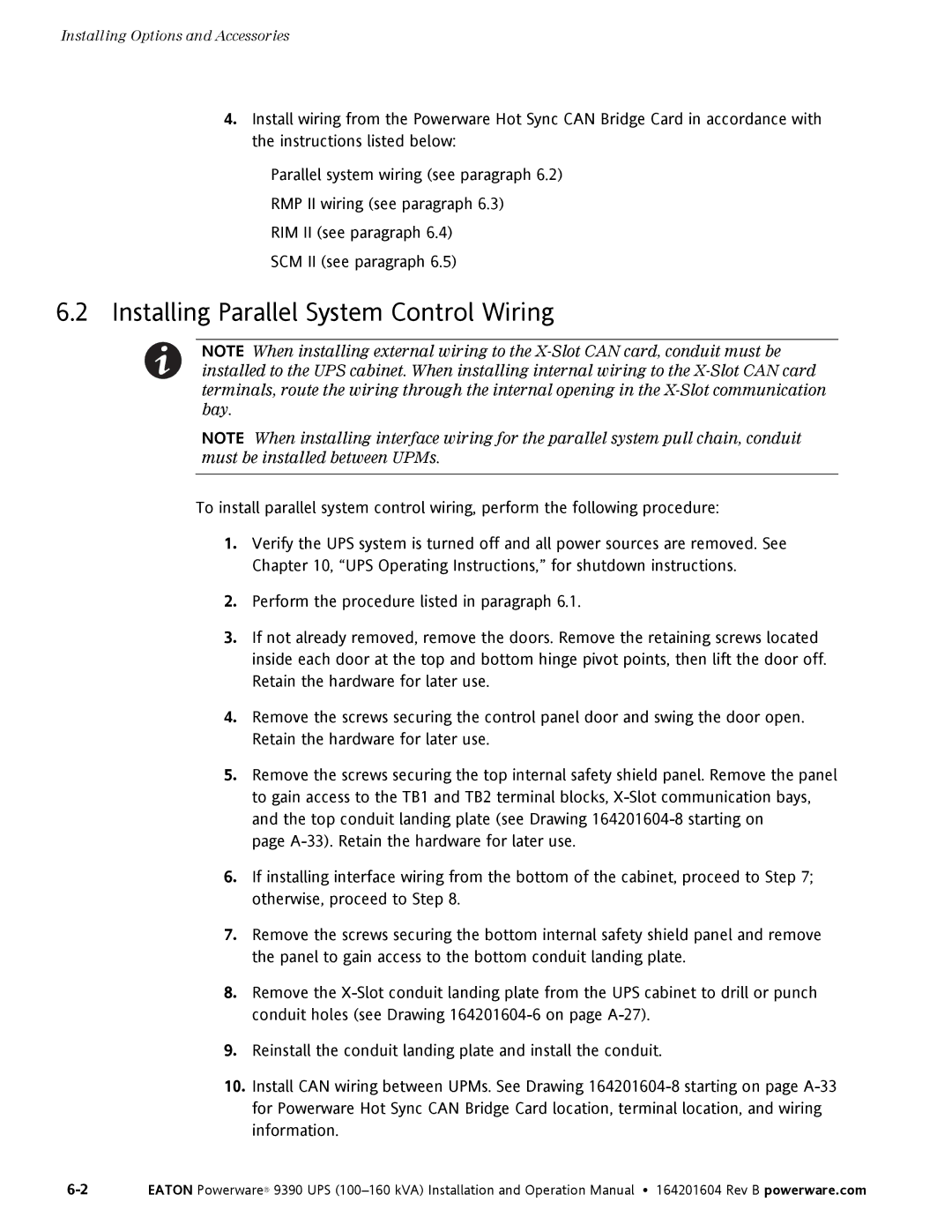 Powerware 100160 kVA manual Installing Parallel System Control Wiring 