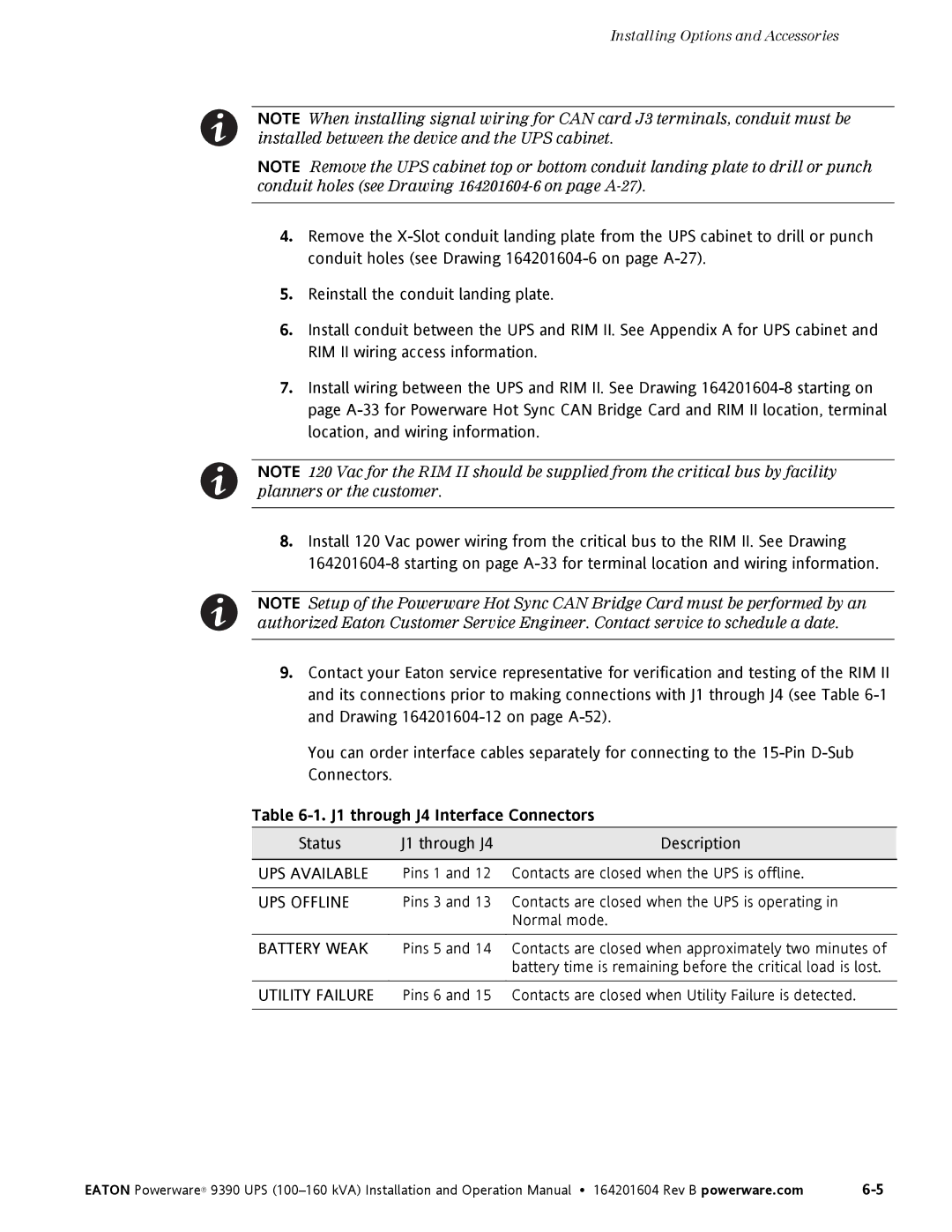 Powerware 100160 kVA manual J1 through J4 Interface Connectors 