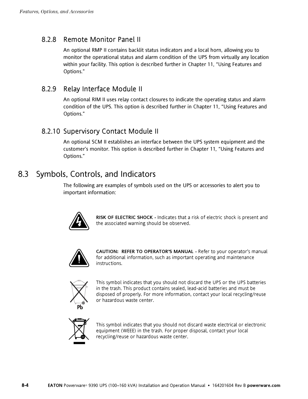 Powerware 100160 kVA manual Symbols, Controls, and Indicators, Remote Monitor Panel, Relay Interface Module 