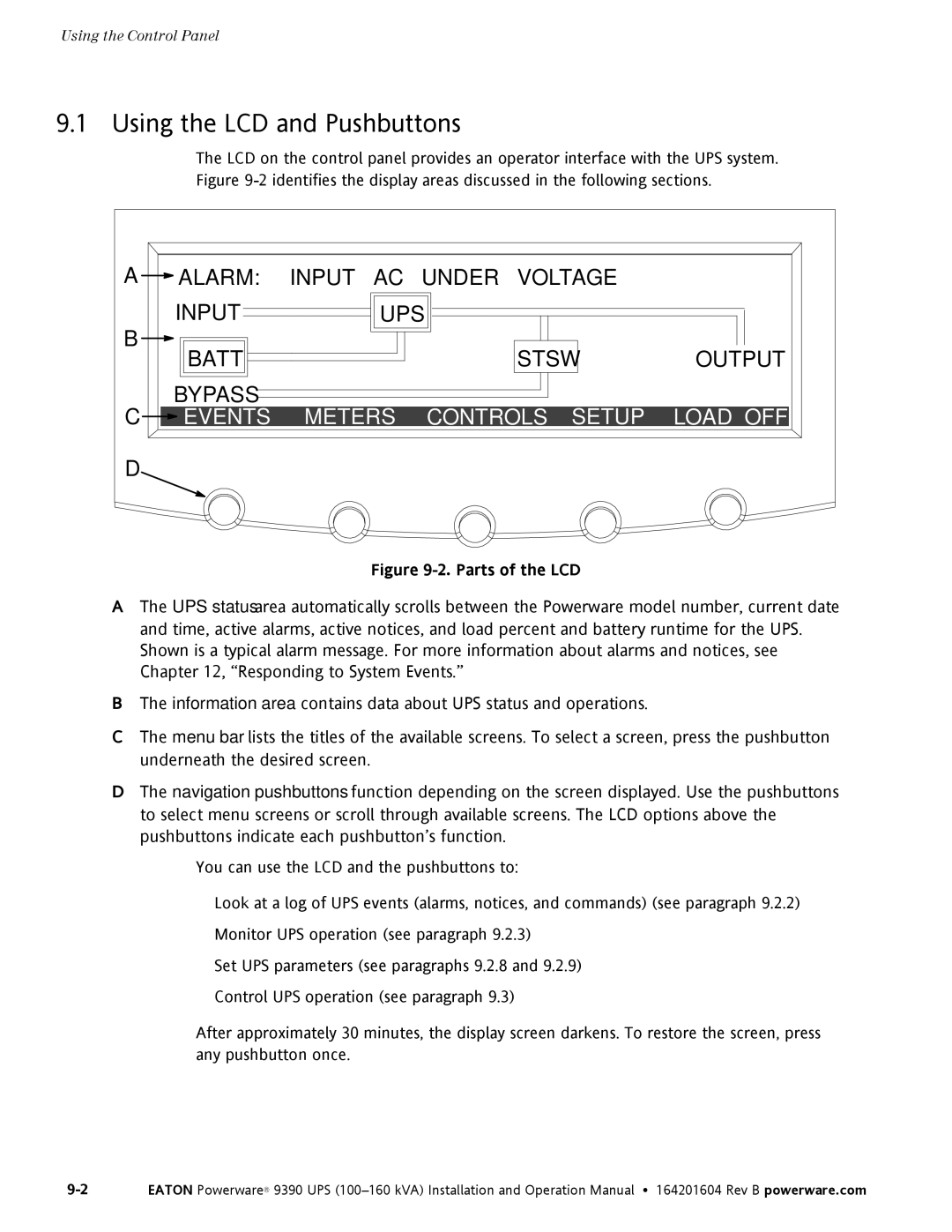 Powerware 100160 kVA manual Using the LCD and Pushbuttons, Events Meters Controls Setup Load OFF D 