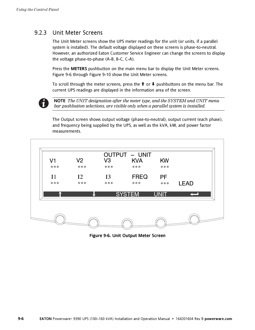 Powerware 100160 kVA manual Unit Meter Screens, System Unit 