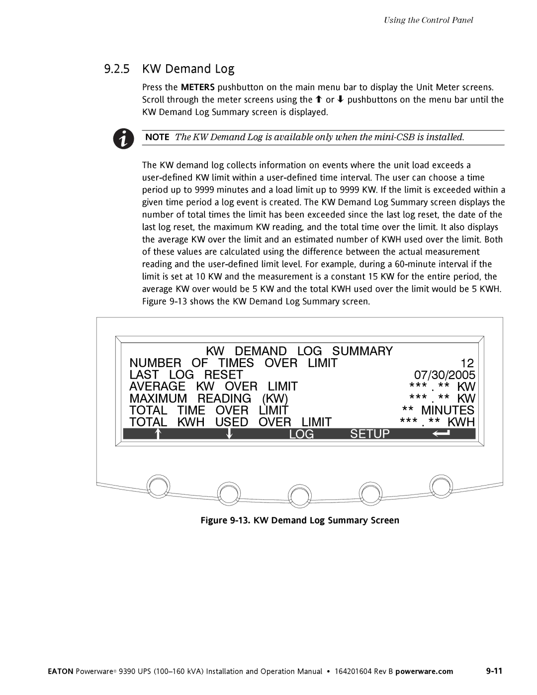 Powerware 100160 kVA manual KW Demand Log, 07/30/2005, Kwh 