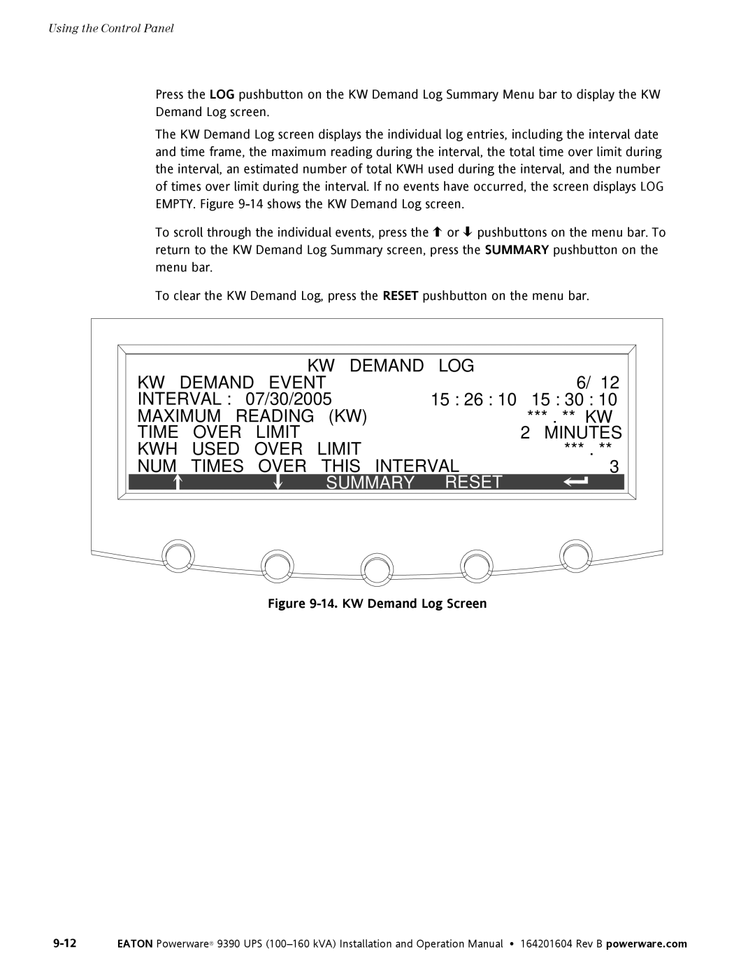 Powerware 100160 kVA manual Summary Reset, KW Demand Log Screen 