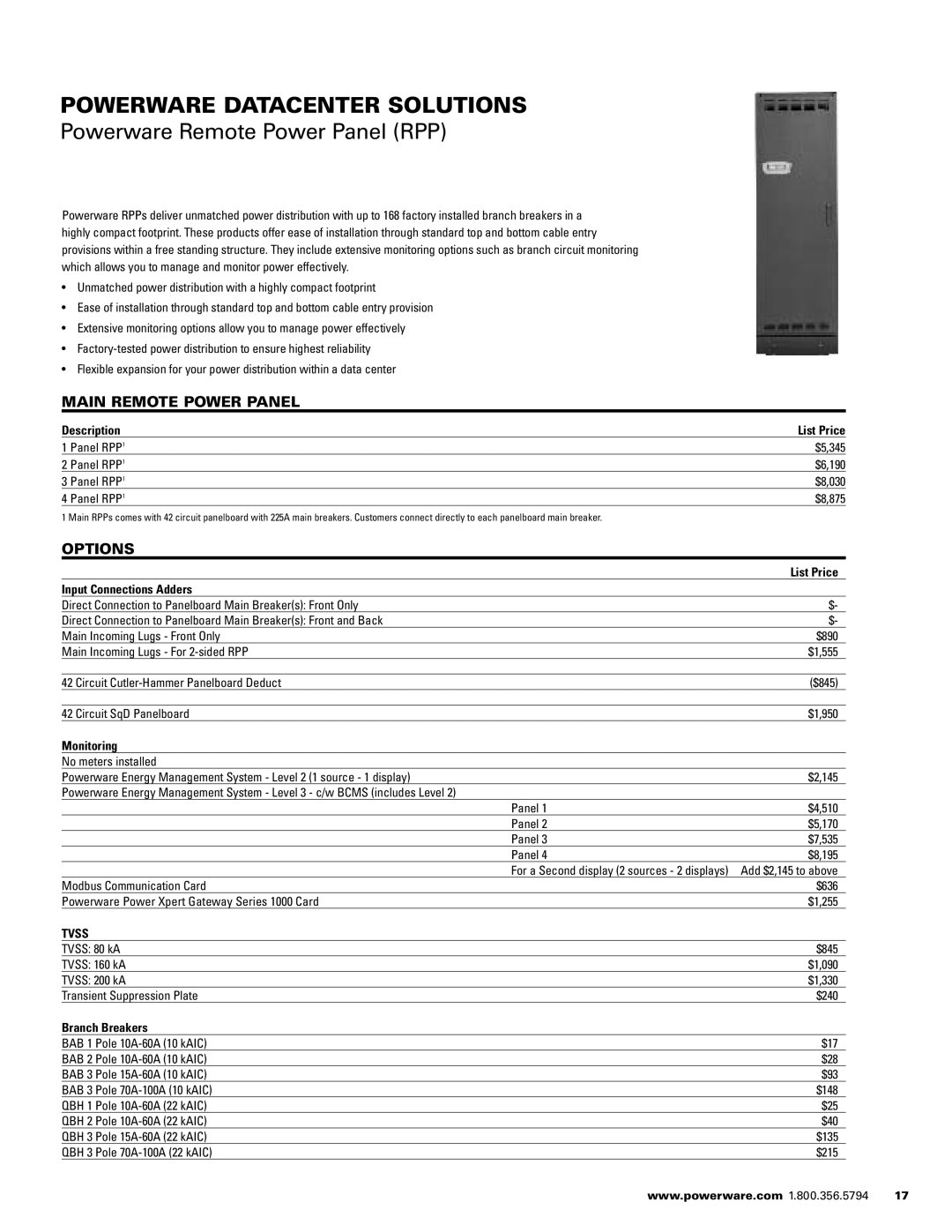 Powerware 1500 VA - 60kVa manual Powerware Remote Power Panel RPP, Main Remote Power Panel, Options 