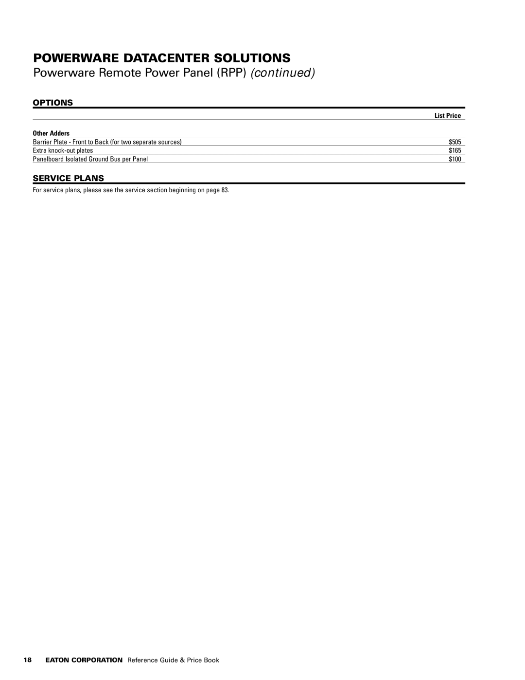 Powerware 1500 VA - 60kVa manual Service Plans, Other Adders 