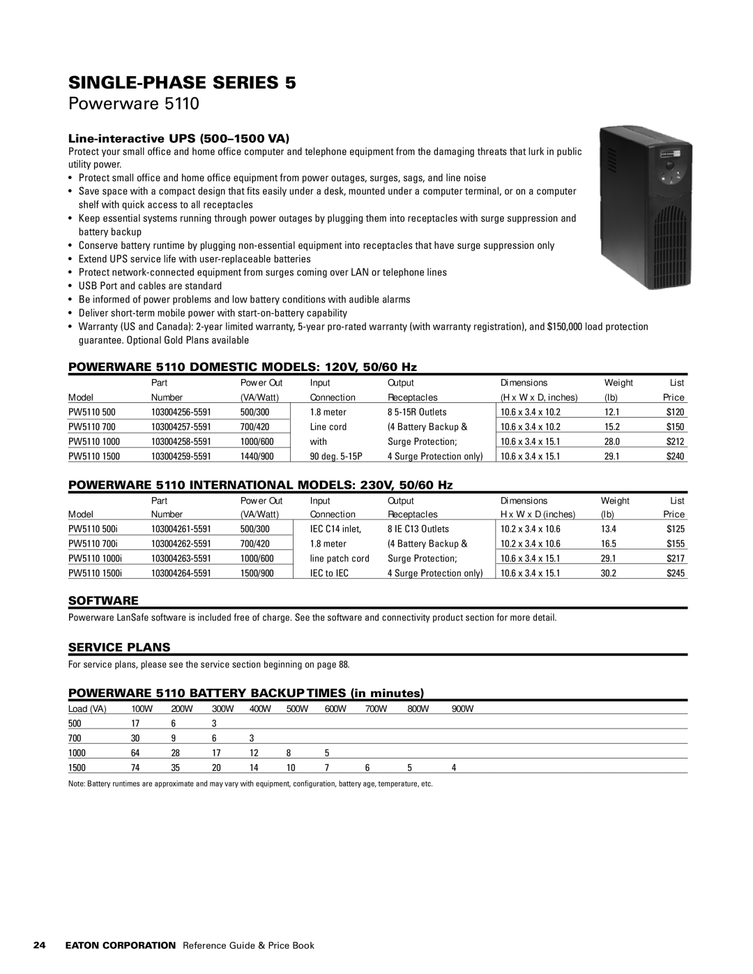 Powerware 1500 VA - 60kVa manual Line-interactive UPS 500-1500 VA, Powerware 5110 Domestic Models 120V, 50/60 Hz 