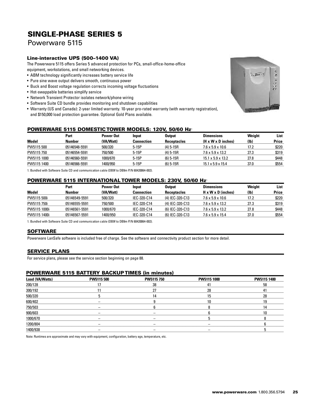 Powerware 1500 VA - 60kVa manual Line-interactive UPS 500-1400 VA, Powerware 5115 Domestic Tower Models 120V, 50/60 Hz1 