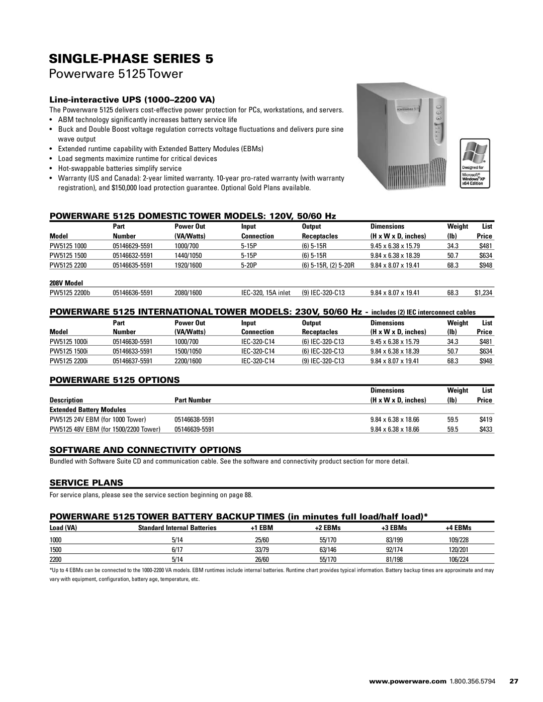 Powerware 1500 VA - 60kVa manual Powerware 5125 Tower, Line-interactive UPS 1000-2200 VA, Powerware 5125 Options 