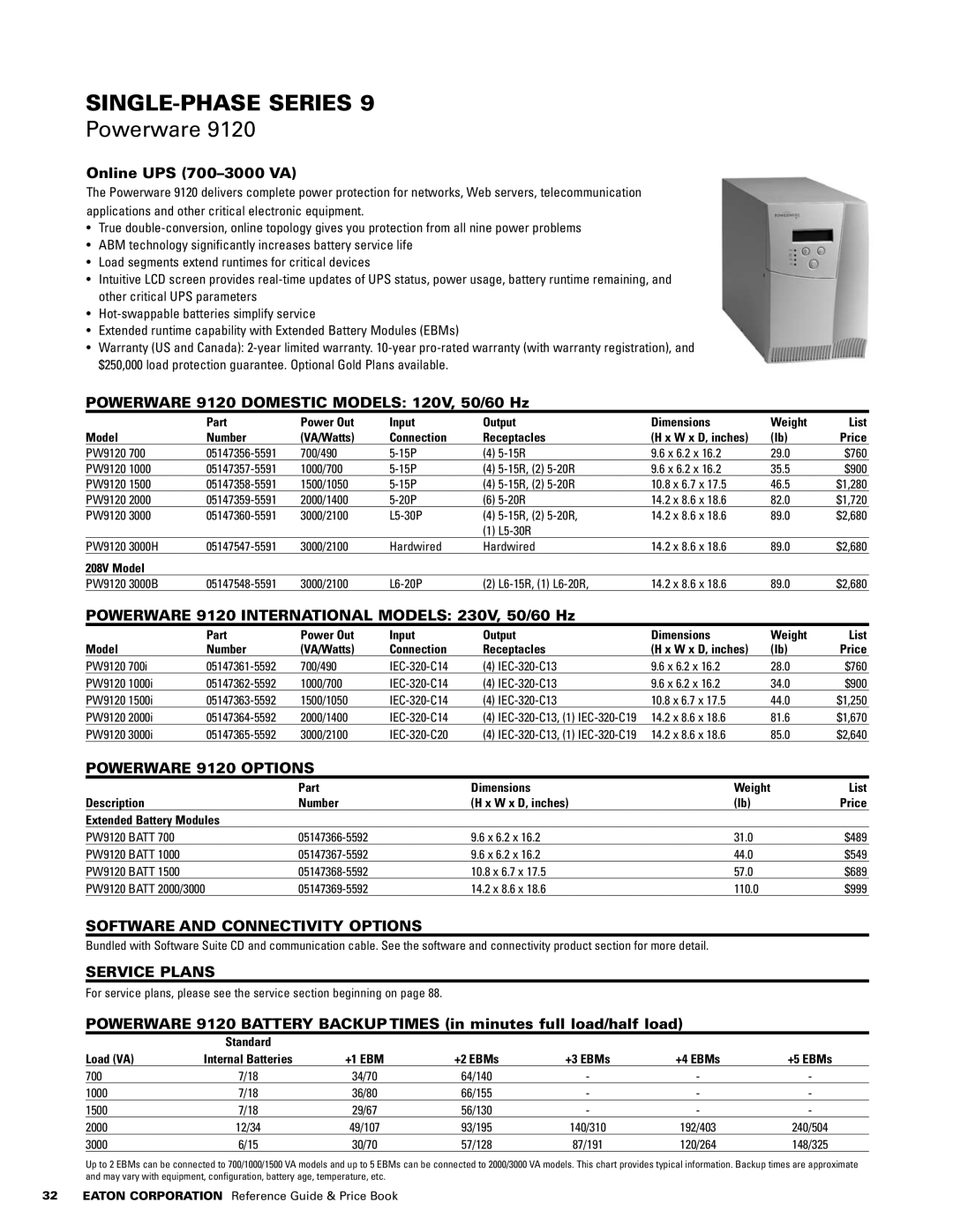 Powerware 1500 VA - 60kVa Online UPS 700-3000 VA, Powerware 9120 Domestic Models 120V, 50/60 Hz, Powerware 9120 Options 