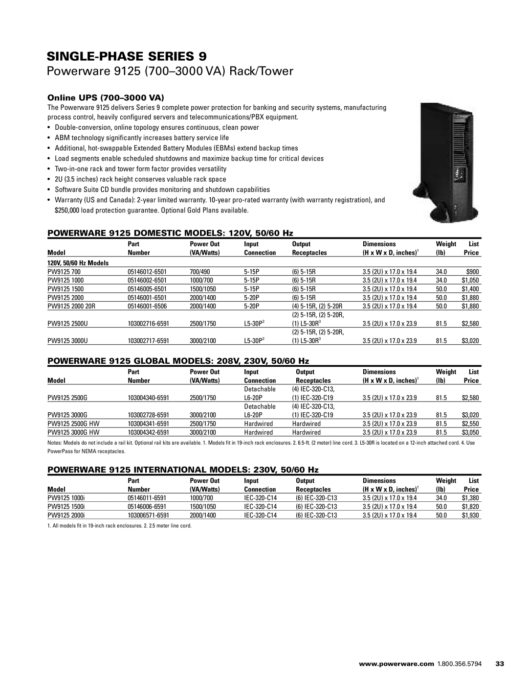 Powerware 1500 VA - 60kVa manual Powerware 9125 700-3000 VA Rack/Tower, Powerware 9125 Domestic Models 120V, 50/60 Hz 