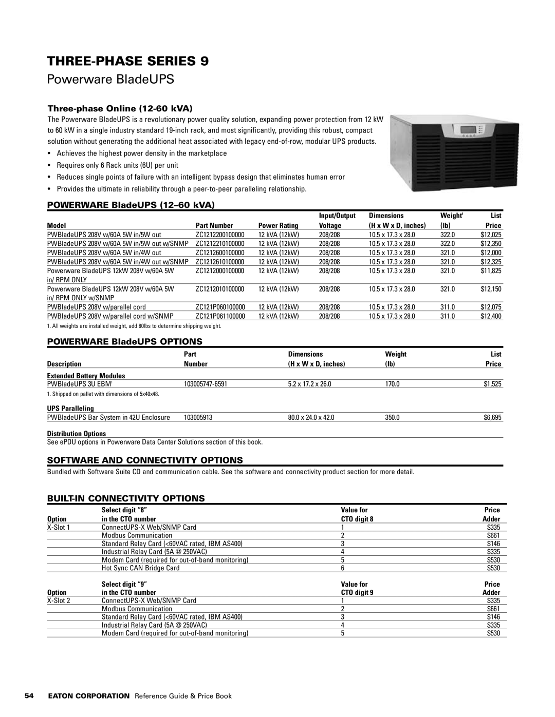 Powerware 1500 VA - 60kVa manual THREE-PHASE Series, Three-phase Online 12-60 kVA, Powerware BladeUPS Options 