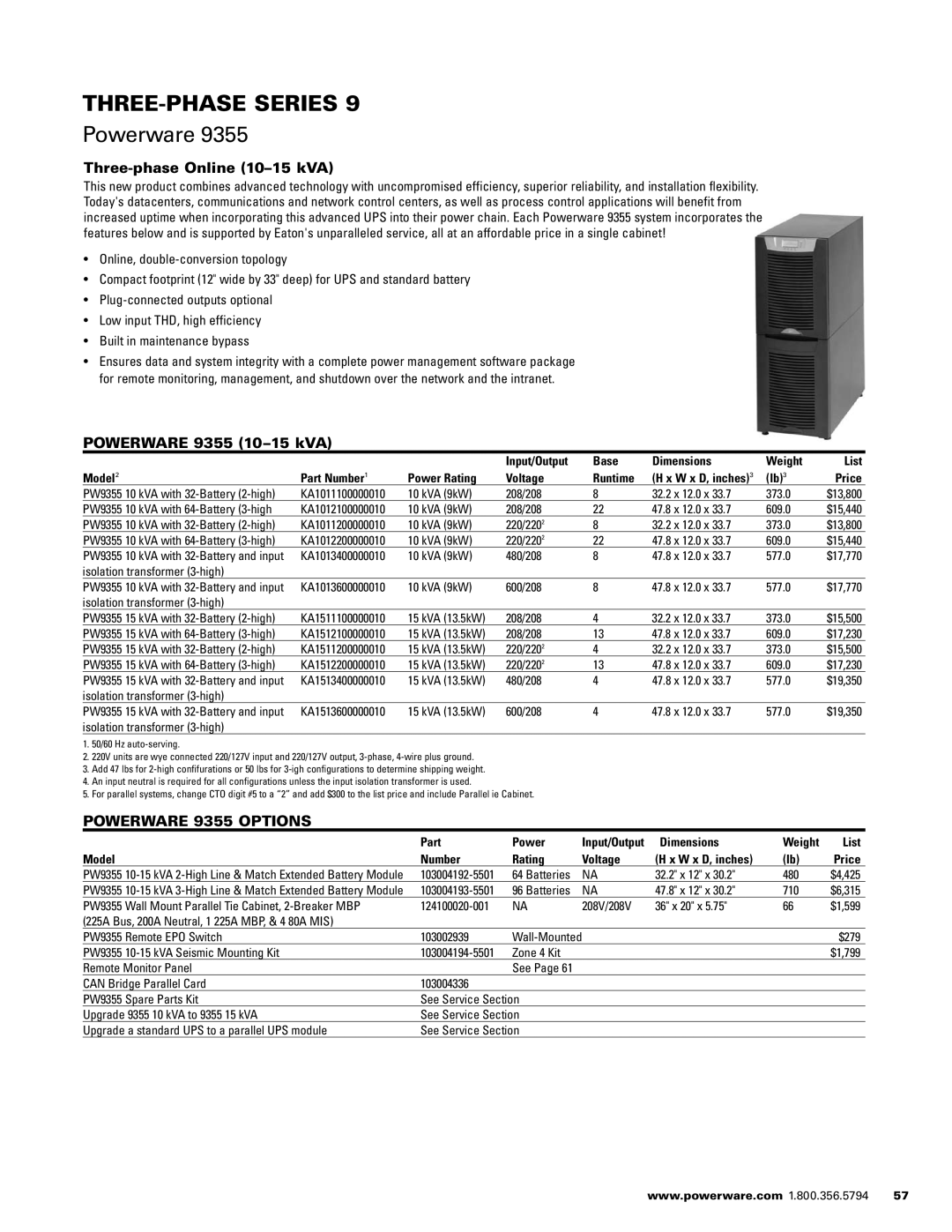 Powerware 1500 VA - 60kVa manual Three-phase Online 10-15 kVA, Powerware 9355 10-15 kVA, Powerware 9355 Options 