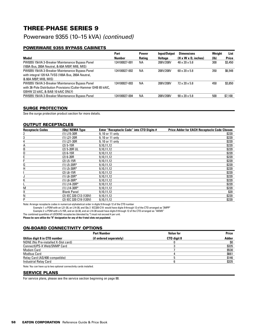 Powerware 1500 VA - 60kVa Powerware 9355 10-15 kVA, Powerware 9355 Bypass Cabinets, Surge Protection, Output Receptacles 