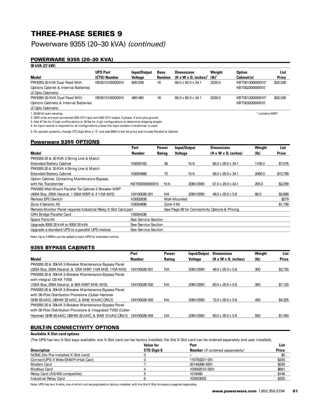 Powerware 1500 VA - 60kVa manual Powerware 9355 20-30 kVA, Powerware 9355 Options, Bypass Cabinets 