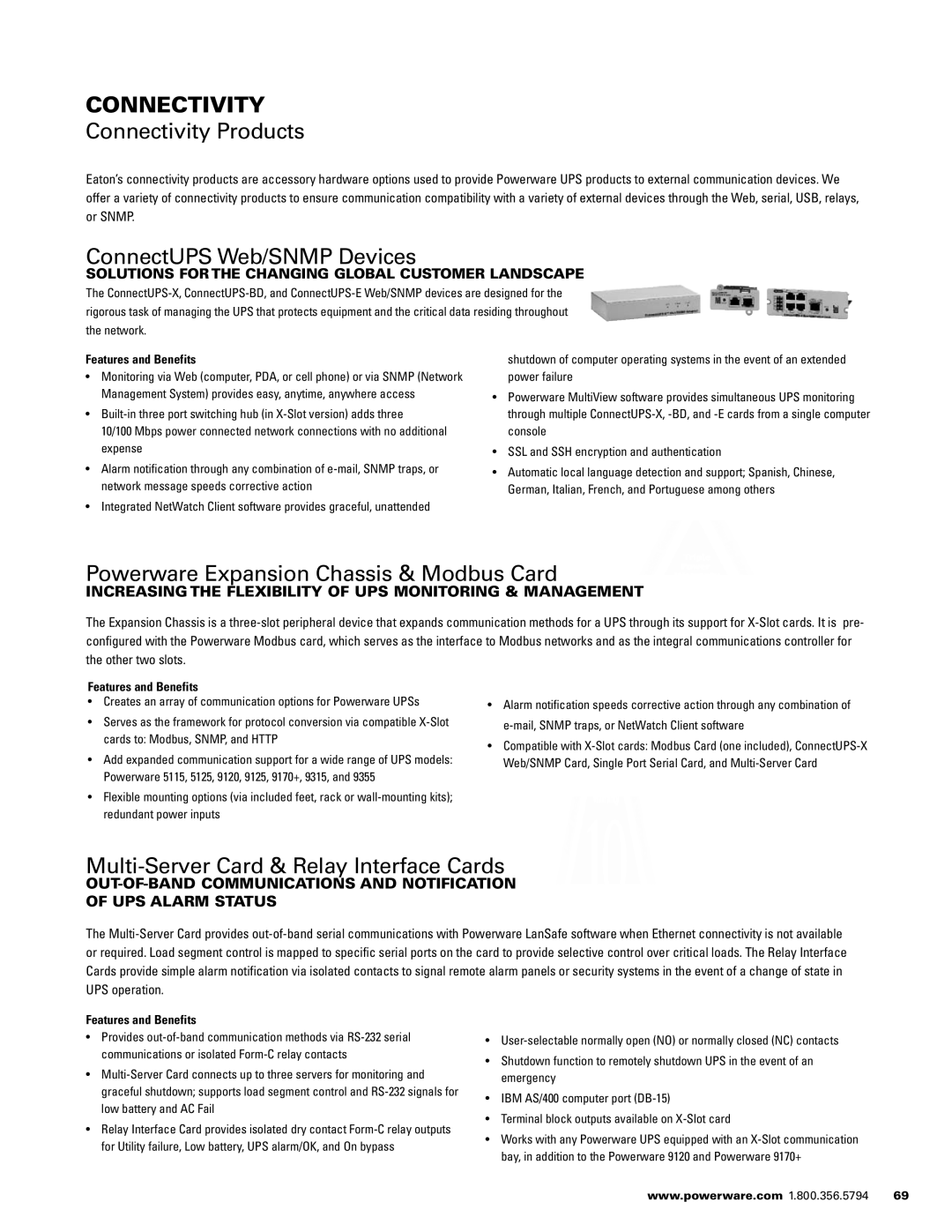 Powerware 1500 VA - 60kVa manual Connectivity Products, ConnectUPS Web/SNMP Devices 