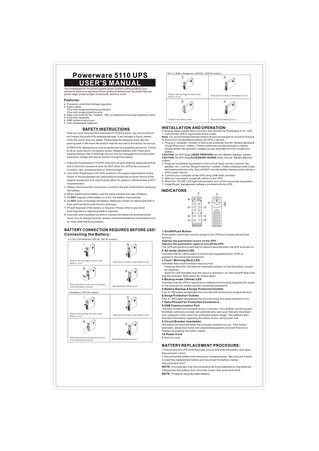 Powerware 1500 user manual Safety Instructions, Installation and Operation, Battery Replacement Procedure 