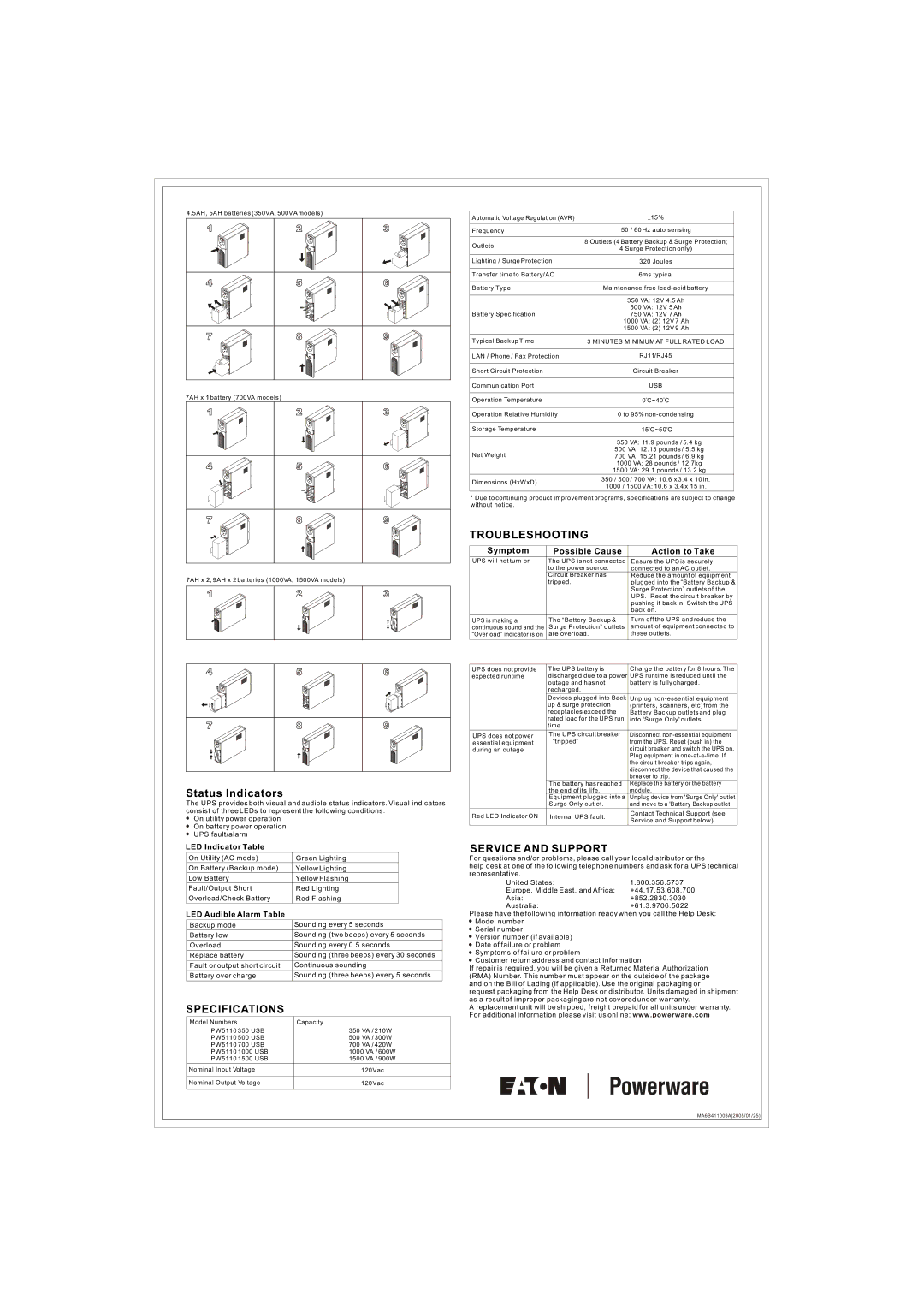 Powerware 1500 Specifications, Troubleshooting, Service and Support, LED Indicator Table, LED Audible Alarm Table 