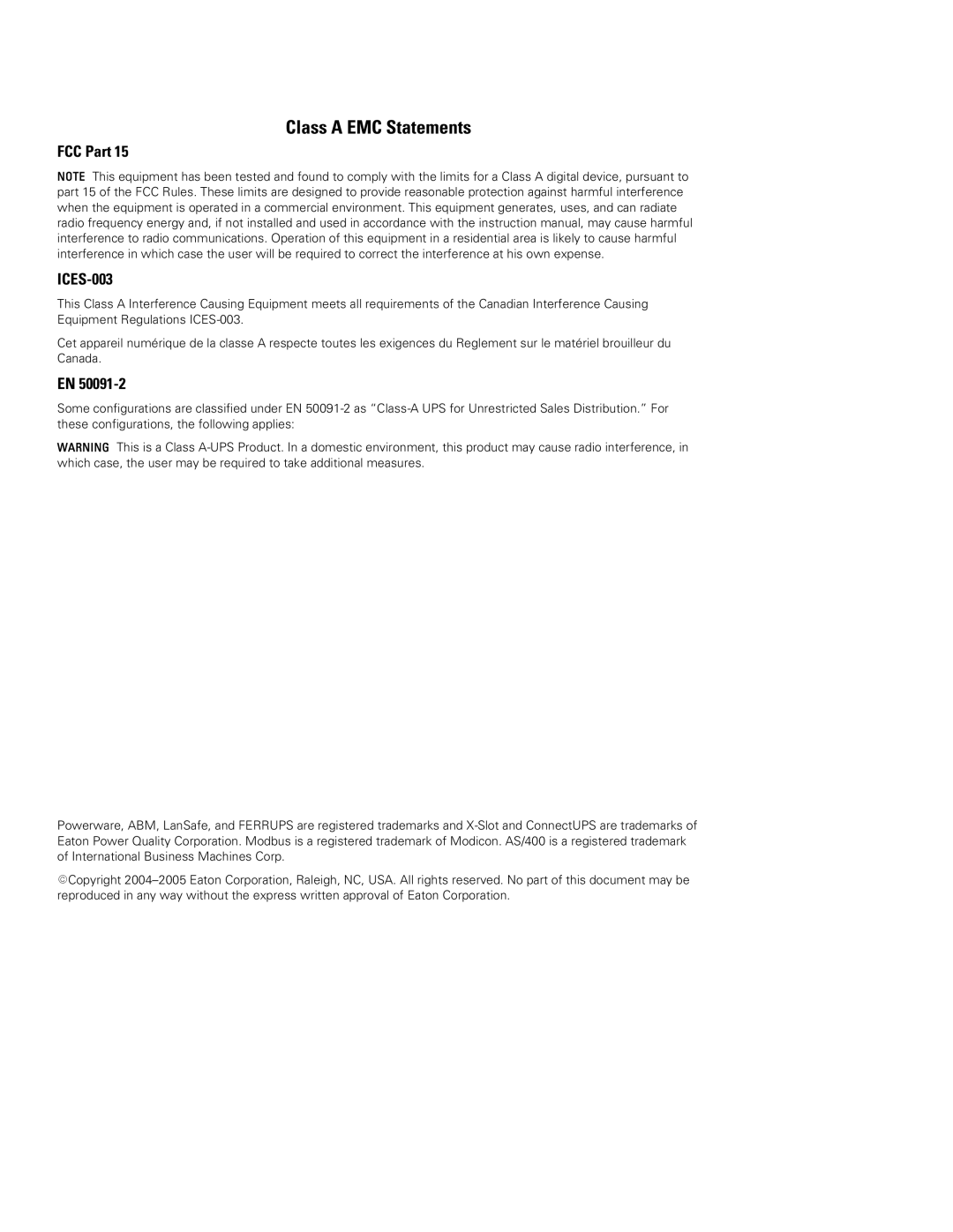 Powerware 2500 manual Class a EMC Statements, FCC Part ICES-003 