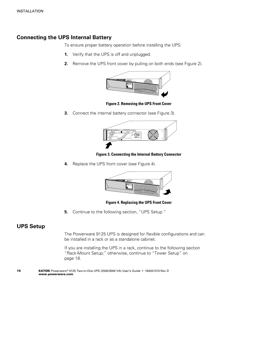 Powerware 2500 manual Connecting the UPS Internal Battery, UPS Setup 