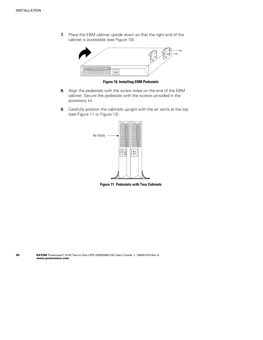 Powerware 2500 manual Installing EBM Pedestals 