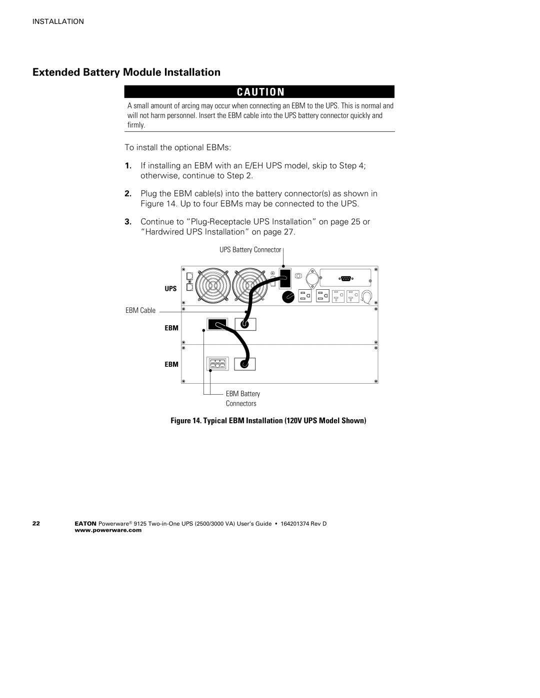 Powerware 2500 manual Extended Battery Module Installation, Typical EBM Installation 120V UPS Model Shown 
