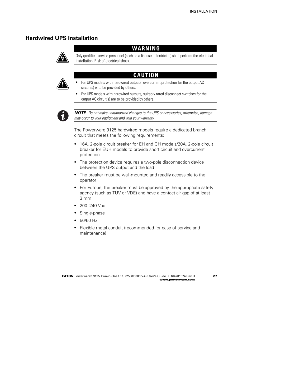 Powerware 2500 manual Hardwired UPS Installation, R N I N G 