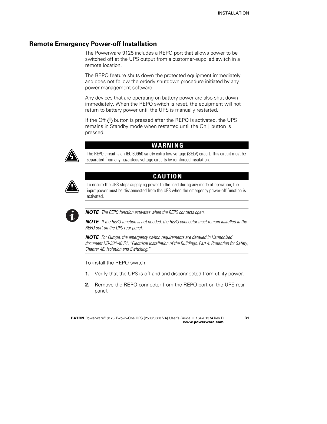 Powerware 2500 manual Remote Emergency Power-off Installation, R N I N G 