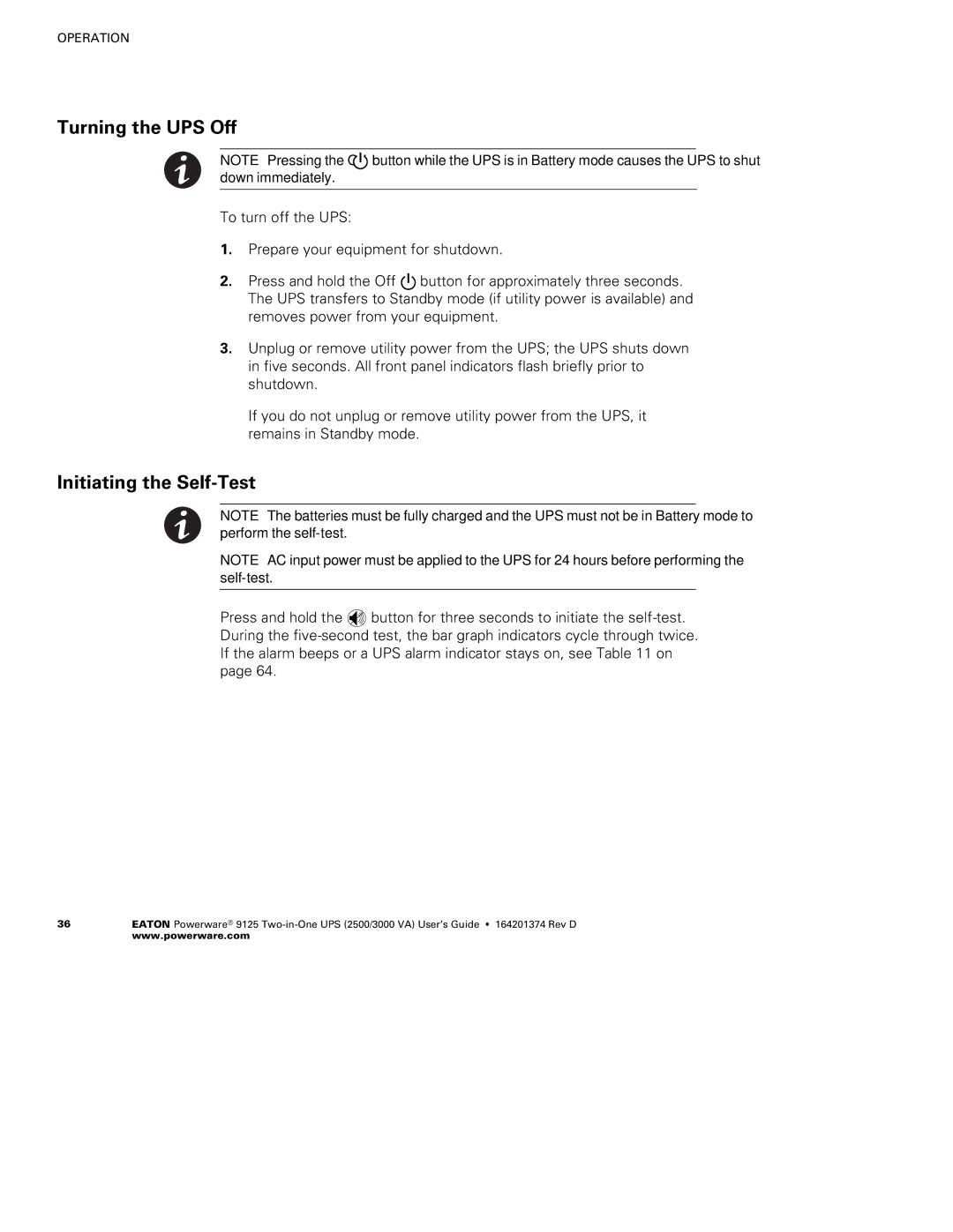 Powerware 2500 manual Turning the UPS Off, Initiating the Self-Test 