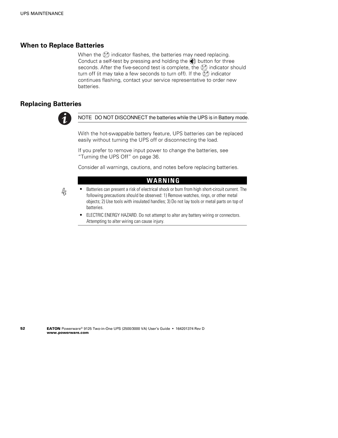 Powerware 2500 manual When to Replace Batteries, Replacing Batteries 