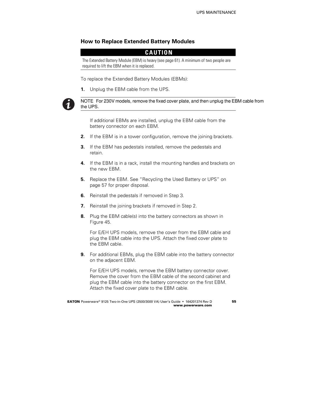 Powerware 2500 manual How to Replace Extended Battery Modules 