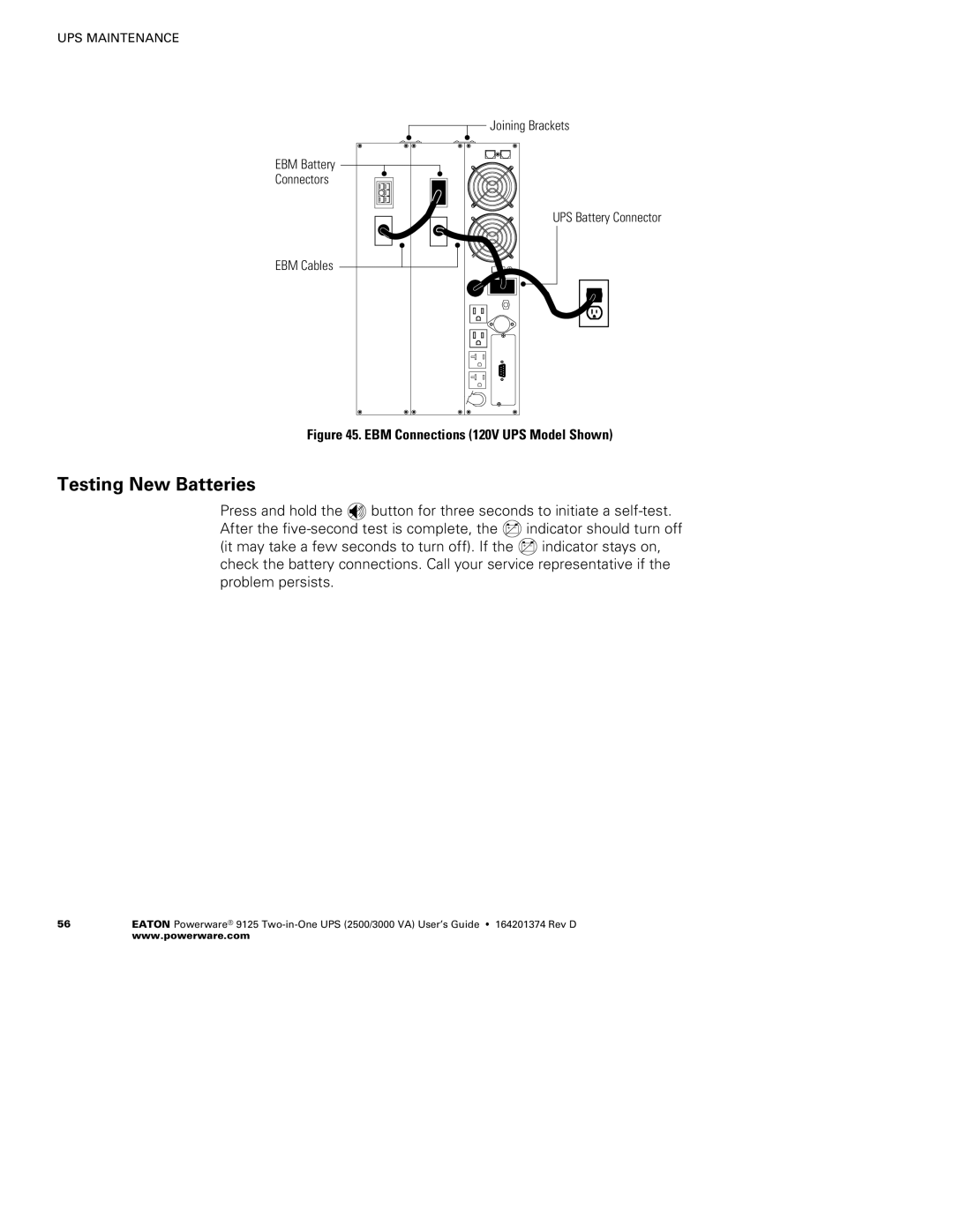 Powerware 2500 manual Testing New Batteries, EBM Connections 120V UPS Model Shown 