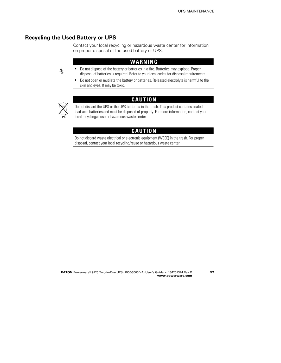 Powerware 2500 manual Recycling the Used Battery or UPS, R N I N G 