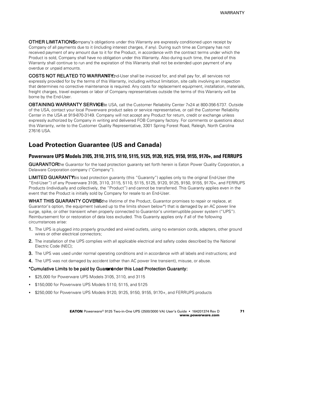 Powerware 2500 manual Load Protection Guarantee US and Canada 