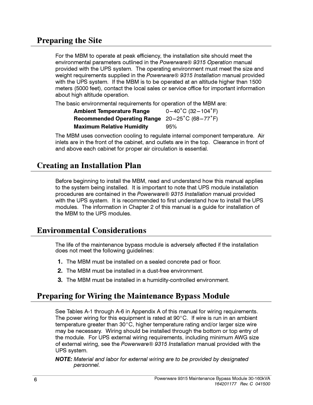 Powerware 30-160kVA operation manual Preparing the Site, Creating an Installation Plan, Environmental Considerations 