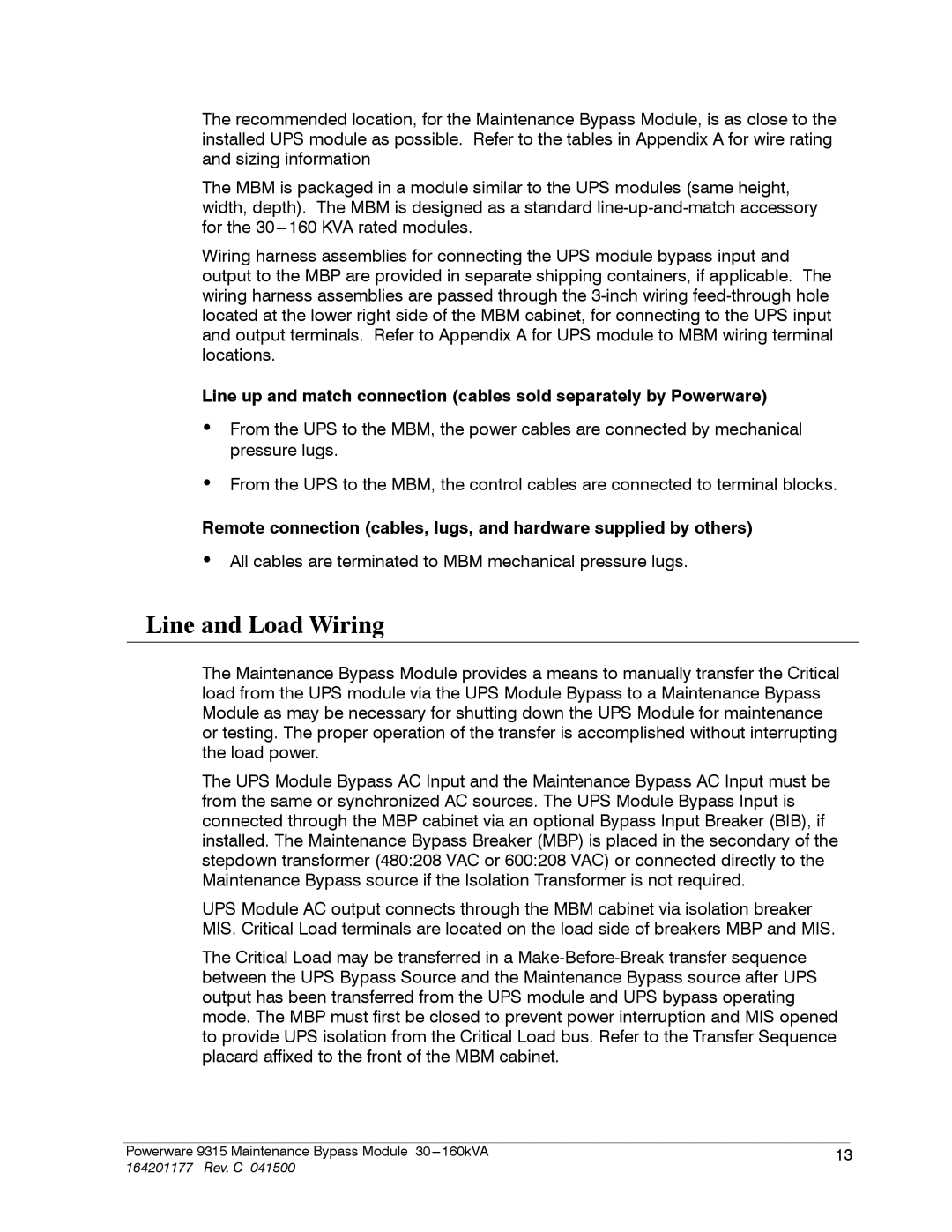 Powerware 30-160kVA operation manual Line and Load Wiring 